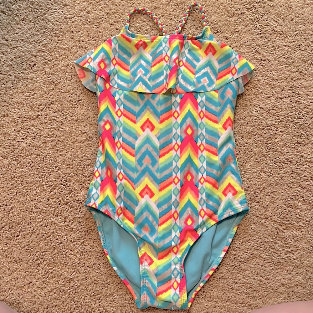 Geo print one piece girls bathing suit